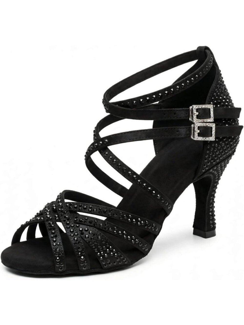 Women's Black Rhinestone Latin Satin Ballroom Salsa Party Heel Dance Shoes